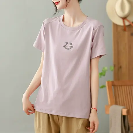 dza复古白色短袖T恤女2023夏季薄款笑脸打底体恤宽松显瘦套头上衣商品大图