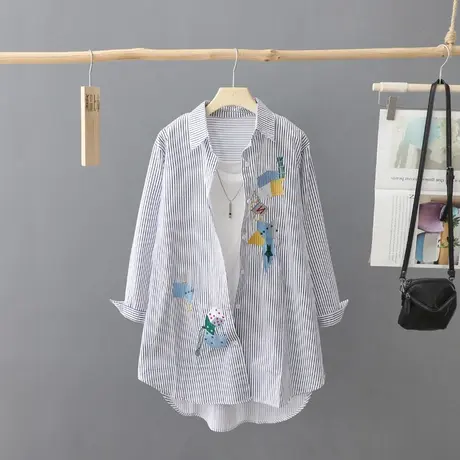 2023年新款韩版条纹刺绣长袖衬衫女洋气百搭中长款棉质衬衣上衣潮图片
