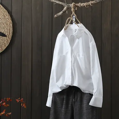 枫谜2021年春装新款文艺简约纯白口袋衬衫女宽松休闲长袖衬衣图片