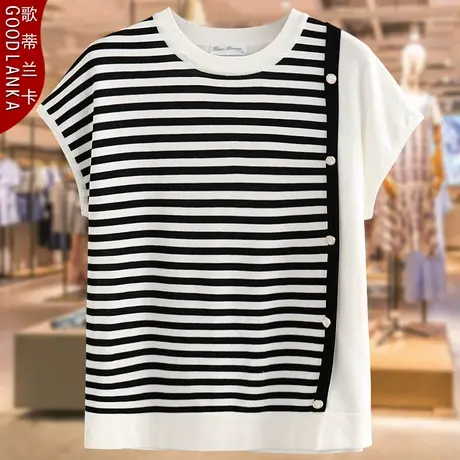 加大码中年妈妈夏季薄款针织衫新款洋气条纹拼接冰丝短袖T恤上衣商品大图