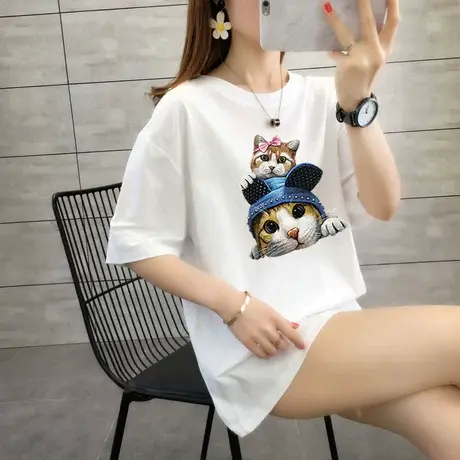 2023年夏季女装新款白色短袖T恤女圆领韩版宽松学生休闲百搭上衣图片