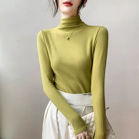 莫代尔半高领长袖打底衫女2023春季新款纯色修身显瘦西装内搭T恤商品大图