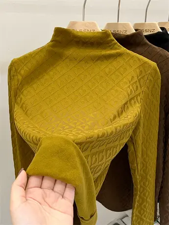 半高领加绒打底衫女内搭2022新款纹理设计感小众磨毛t恤女长袖潮图片