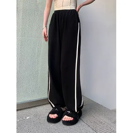 条纹高街设计感直筒休闲裤子女春夏薄款宽松高腰阔腿束脚运动卫裤图片
