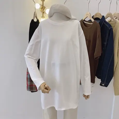 胖mm大码长袖t恤女打底衫韩风chic加绒宽松内搭潮ins中长款上衣秋商品大图