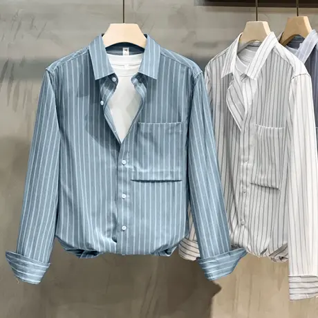 秋季新款长袖衬衫男士ins潮流简约日系条纹宽松休闲衬衣外套外穿商品大图