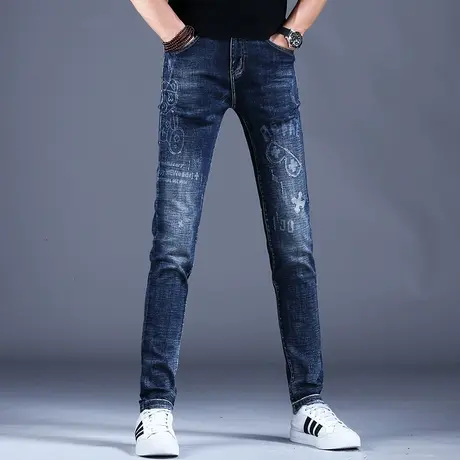 男士高端印花牛仔裤男潮牌蓝色休闲修身小脚裤子2023夏季弹力百搭商品大图