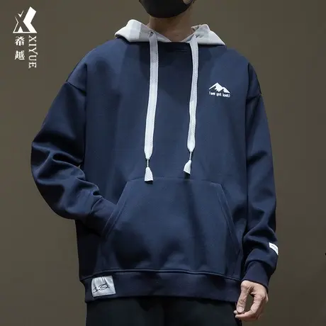 雪山刺绣男生拼接撞色运动卫衣男连帽2023秋季新款宽松大码衣服潮商品大图