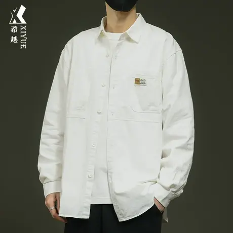 希越白色牛仔衬衫男春季新款宽松大码水洗衬衣式外套男士纯棉夹克图片