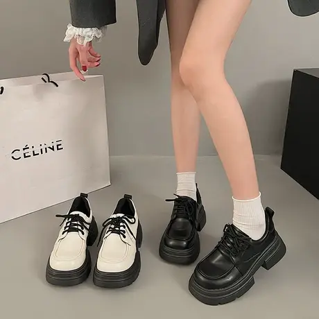 乐福鞋女2024春秋季新款英伦风上班单鞋厚底增高小个子粗跟小皮鞋图片