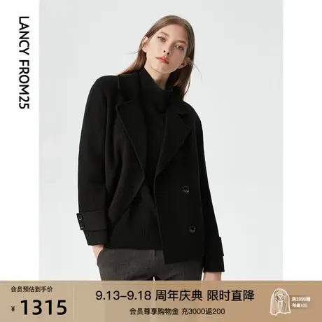 朗姿秋冬季新款法式黑色羊毛大衣女韩式修身短款毛呢外套商场同款图片