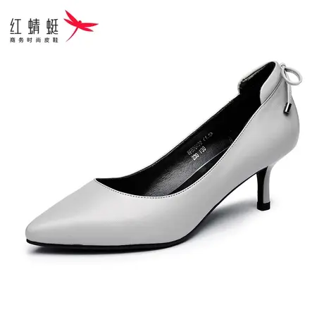 红蜻蜓女鞋高跟真皮新款春秋细跟蝴蝶结尖头浅口单鞋正装职场百搭商品大图
