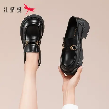 红蜻蜓乐福鞋女2023新款黑色单鞋厚底真皮女鞋冬季软底英伦小皮鞋商品大图