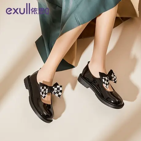 exull/依思Q女2023冬季新款黑色厚底粗跟时尚漆皮学院风小皮鞋子商品大图
