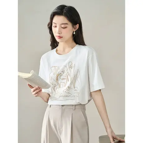 【商场同款】茵曼精工绣花短袖T恤2023夏季女装新款宽松圆领上衣图片