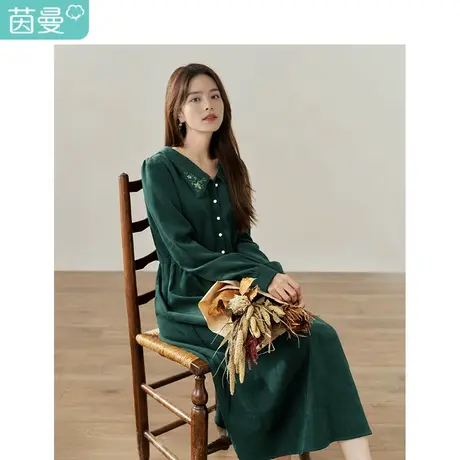 茵曼法式复古连衣裙2023秋季女装新款刺绣翻领长袖收腰显瘦裙子图片