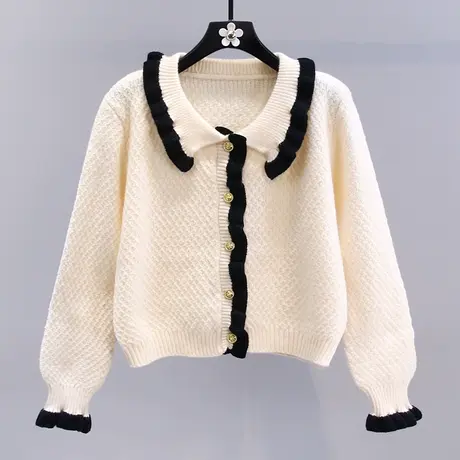 小香风撞色娃娃领毛衣外套女秋冬2023新款日系甜美减龄针织开衫图片
