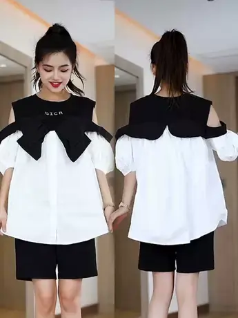 时尚拼接蝴蝶结露肩衬衫女2023年夏季新款气质别致洋气撞色上衣潮商品大图