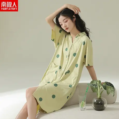 南极人睡裙女夏季纯棉短袖开衫翻领连衣裙睡衣女士夏天薄款家居服商品大图