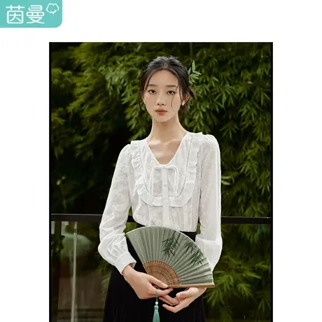 茵曼国风盘扣花藤刺绣衬衣2023秋女装新款V领长袖宽松显瘦上衣商品大图