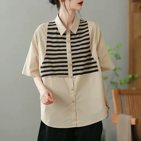 dza 复古条纹拼色女士衬衫2023夏季薄款短袖衬衣气质减龄开衫上衣图片