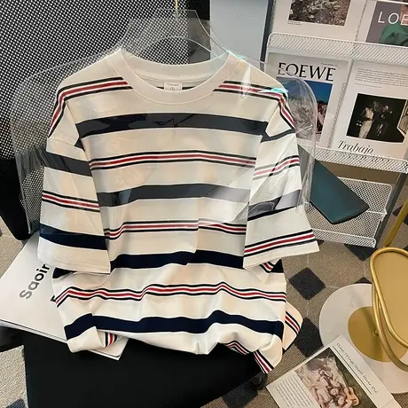 oversize条纹短袖女夏季2023新款宽松正肩t恤独特设计感小众上衣商品大图