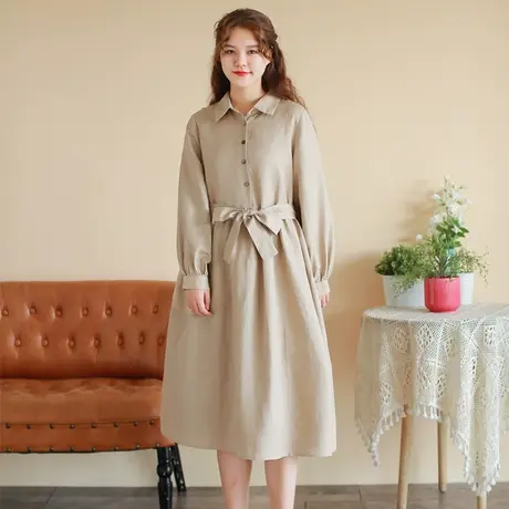 胖妹妹秋季2023新品文艺清新棉麻连衣裙 大码微胖学院风显瘦长裙商品大图