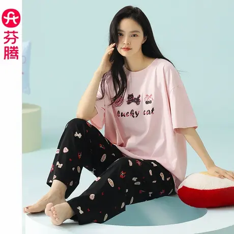 芬腾女睡衣夏季薄款莫代尔棉短袖长裤套装少女卡通可爱凉感家居服商品大图