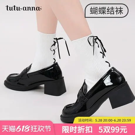 tutuanna春秋女士中筒袜 少女风纯色蝴蝶结透气棉袜弹力百搭短袜商品大图