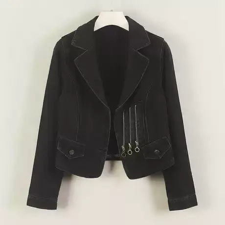 牛仔外套女短款修身收腰长袖韩版夏新款春秋西装领帅气上衣拉链黑商品大图