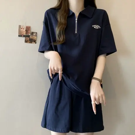 夏季搭配一整套休闲运动套装女韩版宽松半拉链翻领T恤短裤两件套商品大图