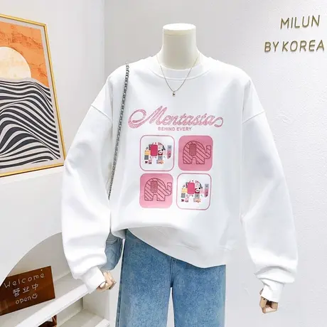 韩代款~2023小个子秋装上衣ins奶油风印花长袖卫衣软糯卫衣慵懒商品大图