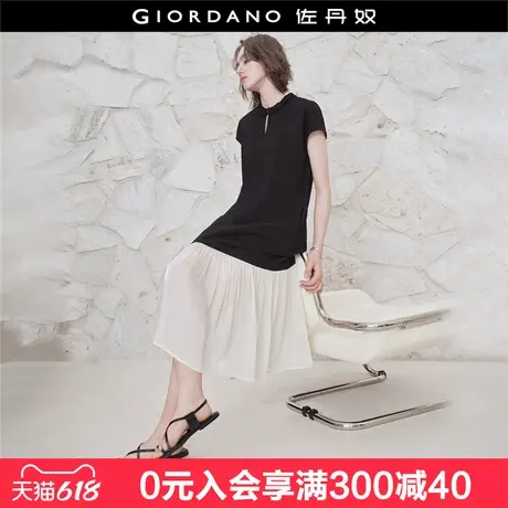 设计师款佐丹奴短袖裙子女夏季新款拼接花边小立领连衣裙18465815图片