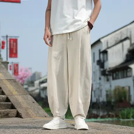 薄款棉麻山本裤男日系垂感裤子夏季新款纯棉休闲运动裤阔腿直筒裤商品大图