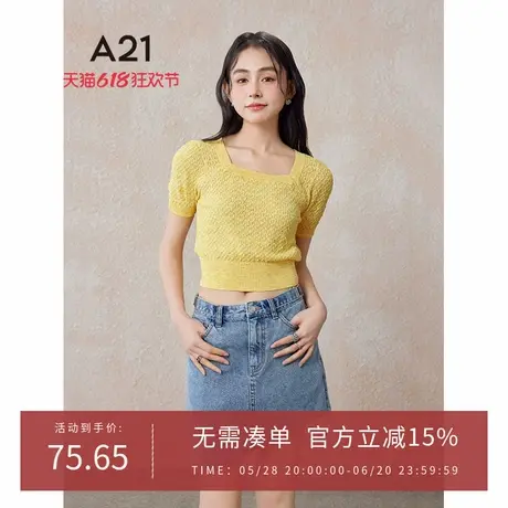 A21女装合体方领套头短袖线衫法式复古针织气质显瘦设计镂空上衣商品大图