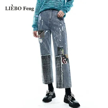 裂帛LIEBOFeng商场同款2023年春季甜酷拼接设计师手绘印花牛仔裤商品大图