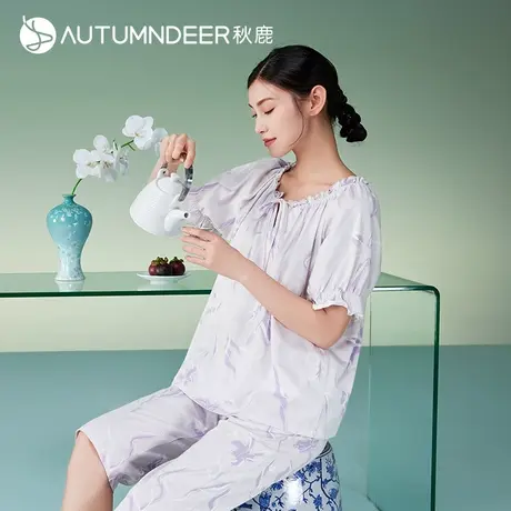 秋鹿柔软纯棉抑菌睡衣女夏薄款花边短袖印花新中式国风家居服套装商品大图