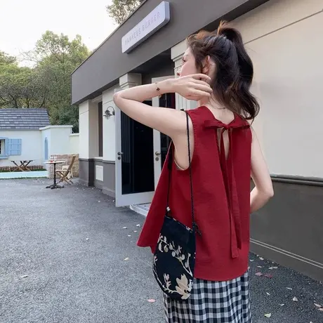 红色后背镂空系带无袖背心女夏季2025新款小个子俏皮减龄小衫上衣商品大图