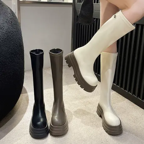 长筒靴女2023春秋季新款英伦风小个子显瘦时装靴子粗跟厚底骑士靴图片