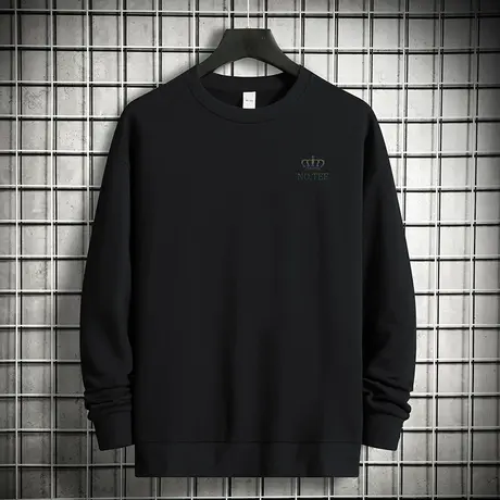 380g重磅纯棉卫衣男潮牌印花黑色无帽上衣摇粒绒圆领长袖宽松潮流商品大图