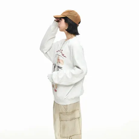 美式复古小狗印花圆领卫衣外套女春秋新款宽松休闲情侣款套头上衣商品大图