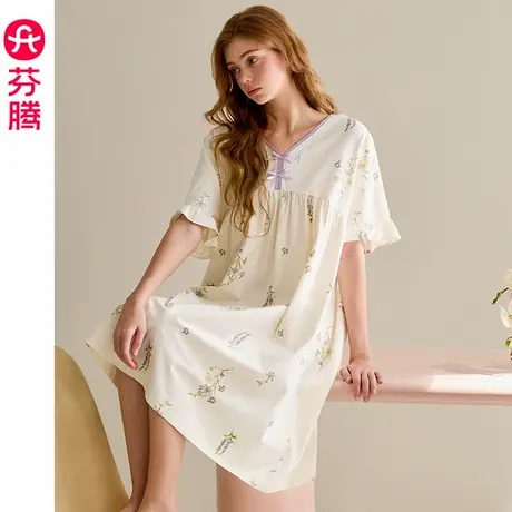 芬腾睡裙女夏季纯棉薄款短袖睡衣裙宽松休闲全棉家居服连衣裙中裙商品大图