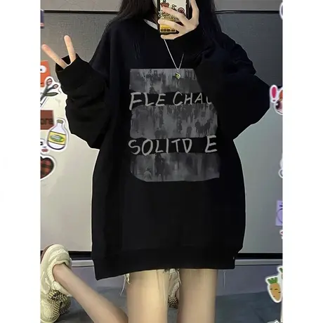 美式复古圆领卫衣女春秋冬季加绒加厚韩版宽松慵懒风chic上衣外套商品大图