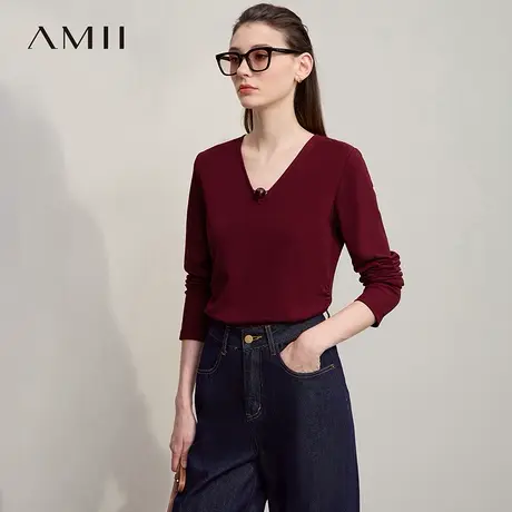 Amii2025秋新款摩登V领云雾纹亚克力珠饰棉弹力T恤女碎褶上衣商品大图