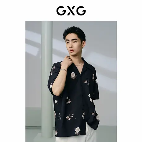 【X】GXG男装黑色满印花卉复古时尚短袖衬衫男士上衣24年夏季品商品大图