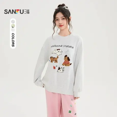 三福卫衣2025秋季可爱小狗绣花圆领宽松上衣女装508610商品大图