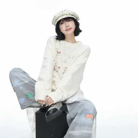 美式复古涂鸦印花圆领毛衣女春秋新款宽松休闲套头情侣针织衫上衣图片