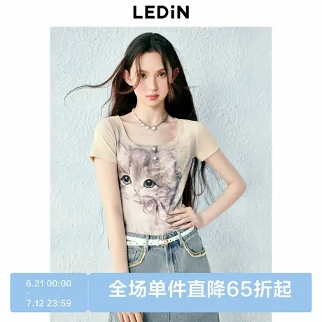 乐町甜美浪漫猫咪图案满印U领短袖女夏季新款修身正肩辣妹T恤商品大图