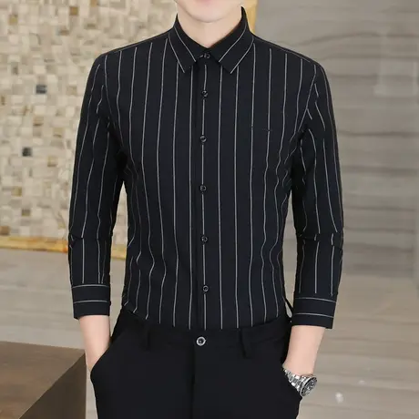 高端男士休闲长袖衬衫春秋季韩版潮流修身条纹衬衣高级感黑色寸衫商品大图