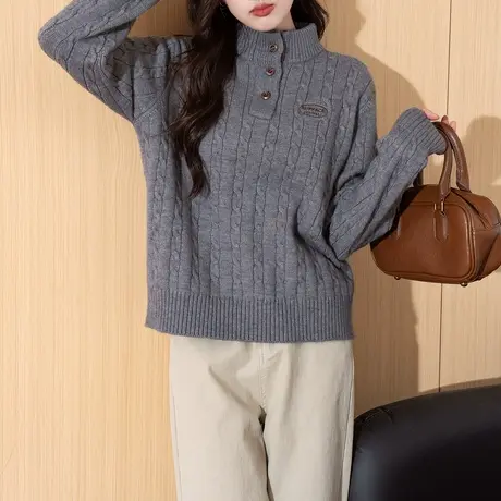 唐狮秋冬复古风半开襟半高领套头毛衣女时尚气质减龄针织衫女TM商品大图